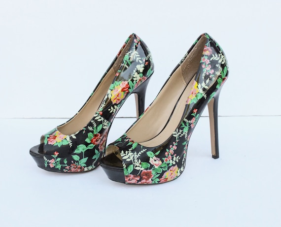 Y2K Shoes Black Floral Heels Floral Pumps Flower Heels Patent Leather Shoes Black Patent Leather Heels Womens Shoes Size 7.5 8 Etsy Canada