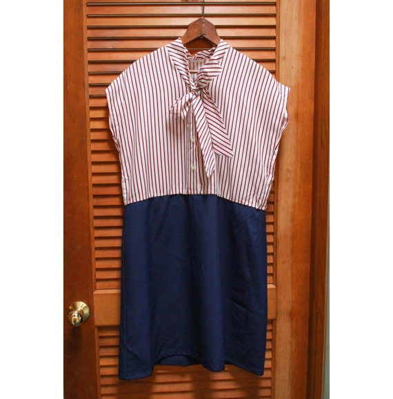 Vintage Dress Large, Navy Striped Dress, Red White and Blue Dress, Vintage 1970s Dress 1960s Secretary Dress Mad Men Vibes