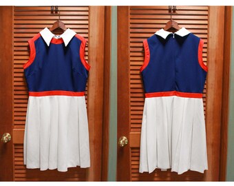 Vintage 1970s Dress, Vintage Scooter Dress, Red White and Blue Vintage Dress Size Large