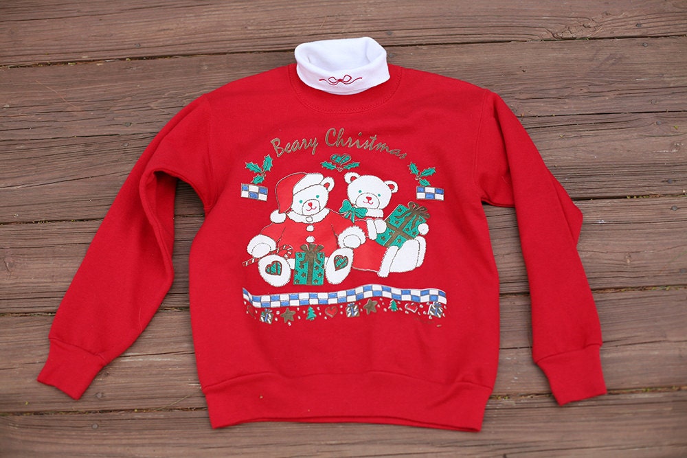 letslovevintage Ugly Christmas Sweater - Ugly Holiday Sweater - Vintage Red Beary Christmas Sweatshirt with Attached Turtleneck - Xs Small Petite