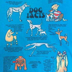 May include: A blue t-shirt featuring a cartoon illustration of dogs and facts about dogs. The text includes "Dog Facts" and "All dogs are believed to be descendants of the wolf".