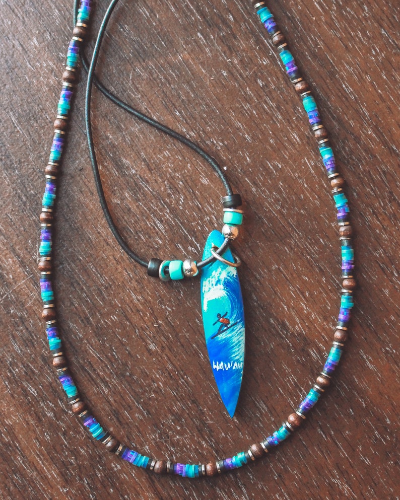 Vintage 90s Surfer Necklace 90s Jewelry Surfboard Necklace Beaded Surfer Necklace Hawaii Necklace