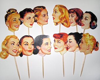1950s Housewife Cupcake Toppers - Vintage 50s Ladies Cake Toppers - Please Select Quantity