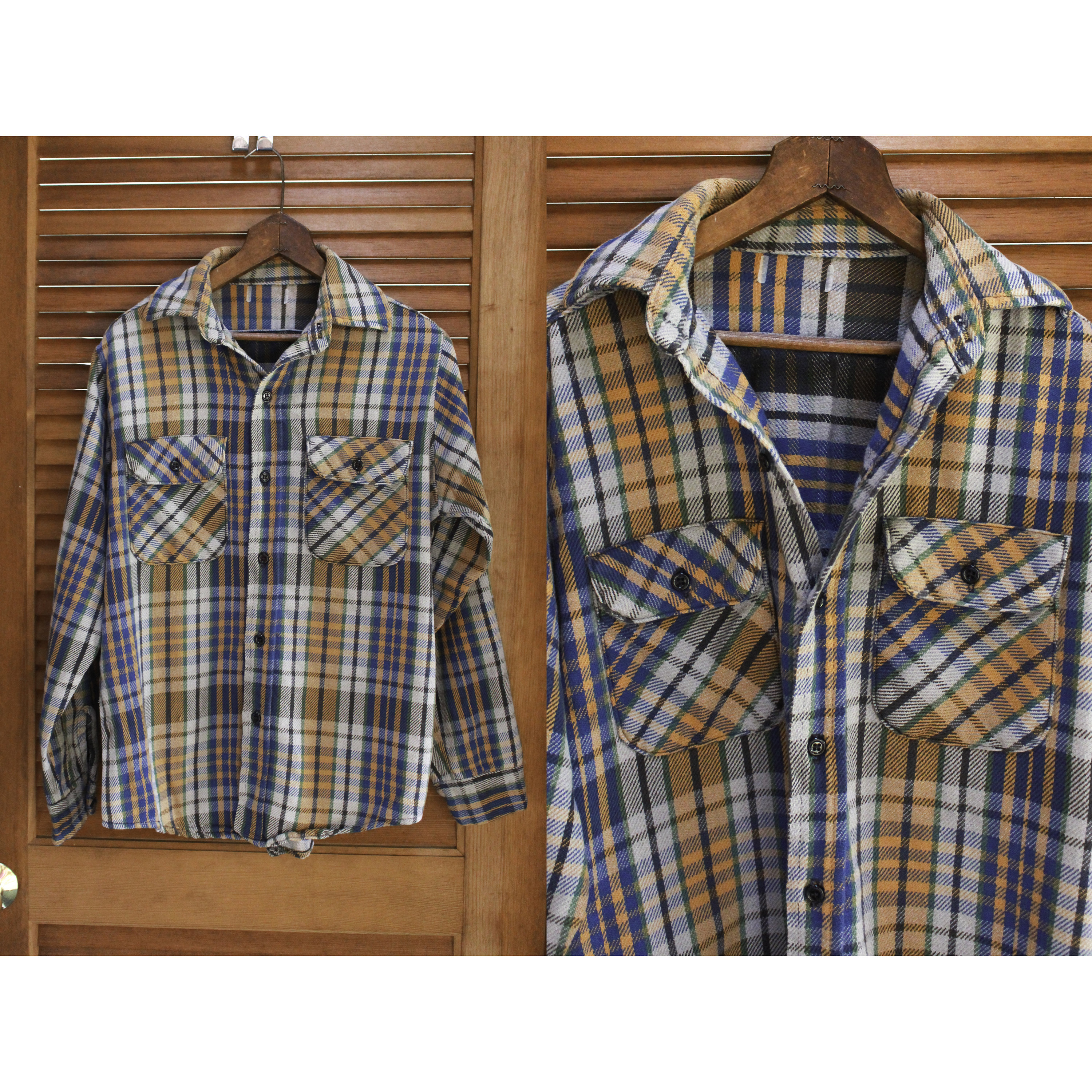 Vintage 70s Flannel Shirt, Vintage Plaid Flannel Shirt, Vintage Flannel Orange and Blue Plaid Button Down Shirt, 80s Flannel - Size Medium