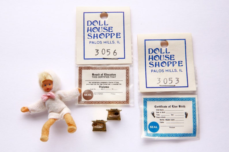 Miniature Book Ends Dollhouse People Dollhouse Miniatures Dollhouse Kids Room Miniature Birth Certificate Vintage Dollhouse Baby