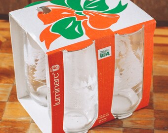 Vintage Christmas Glasses, Holiday Glasses, Luminarc glasses, Christmas Tumblers, Holiday Tumblers, Arc Glasses NIP Snow Trees Set of 4 NIP