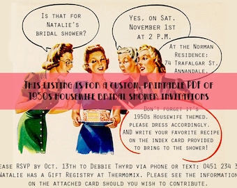 1950s Housewife Bridal Shower Invitations, 1950s Bridal Shower, Printable Vintage Bridal Shower Invitations, Retro Party Invitation