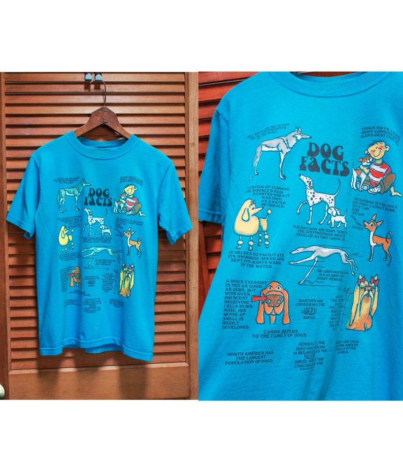 May include: A turquoise blue t-shirt featuring a graphic print of various dog breeds and facts about dogs. The text on the shirt reads "Dog Facts".