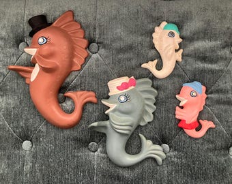 Vintage Ceramic Fish Wearing Top Hat, Vintage Fish Plaques, 1950s Bathroom Plaques - Set of Four