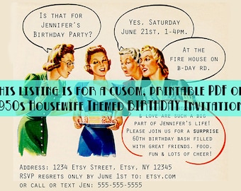 1950s Party Invitations, 1950s Birthday, Printable Party Invitations, Retro Party Invitation, Printable Birthday, Custom Digital Download