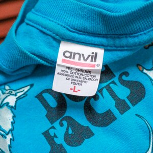 May include: A turquoise blue t-shirt with a black and white graphic print of dogs and the text "Dog Facts". The shirt has a white tag with the text "Anvil" and details about the fabric and size.