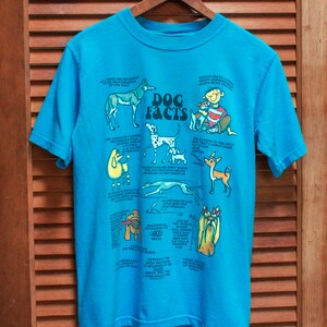 May include: A turquoise blue t-shirt featuring a graphic print of various dog breeds and fun facts about dogs. The text on the shirt reads "Dog Facts".