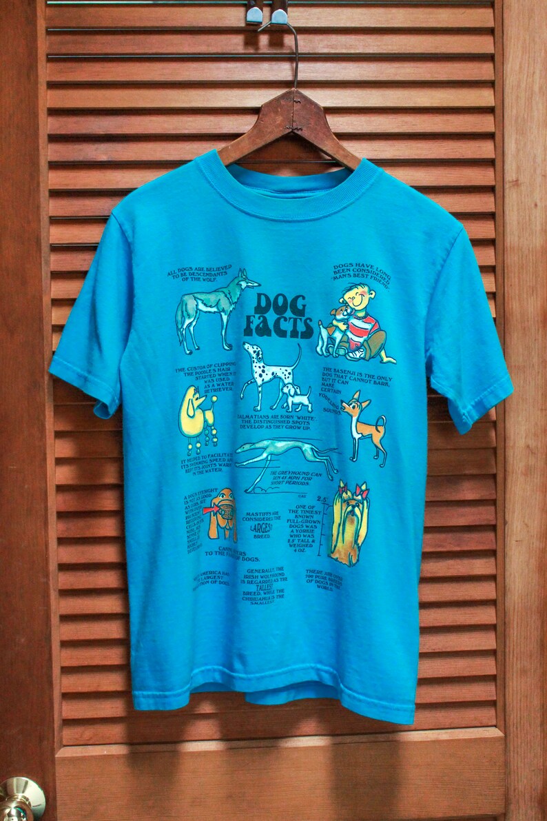 May include: A turquoise blue t-shirt featuring a graphic print of various dog breeds and fun facts about dogs. The text on the shirt reads "Dog Facts".