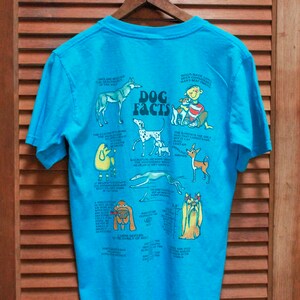 May include: A turquoise blue t-shirt featuring a graphic print of various dog breeds and facts about dogs. The text on the shirt reads "DOG FACTS".