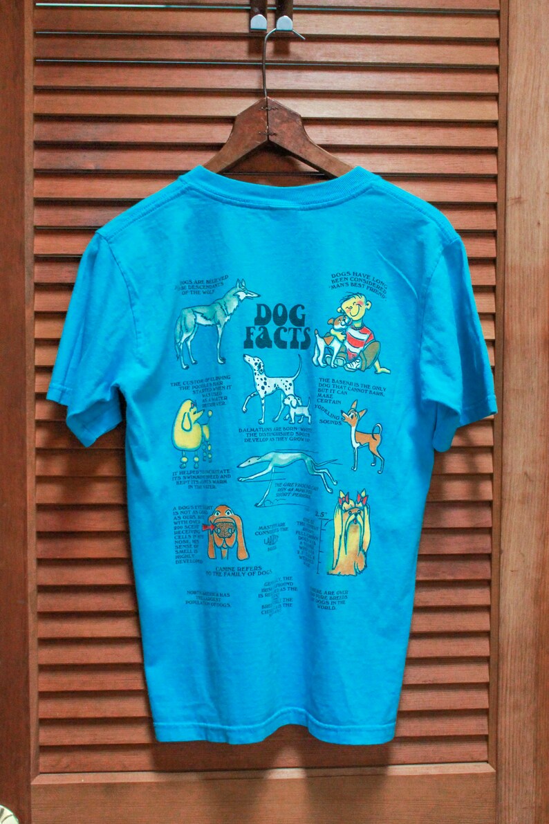 May include: A turquoise blue t-shirt featuring a graphic print of various dog breeds and facts about dogs. The text on the shirt reads "DOG FACTS".