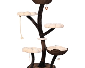 Árbol para gatos Catclusive® "Le Fleuron": elegante árbol para gatos de diseño de 145 cm con sisal, base estable y zonas de descanso suaves, color marrón-beige.