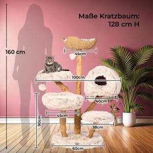 Árbol para gatos "Cozy Chalet" de Catclusive®: árbol para gatos de diseño de 128 cm de altura, hecho de madera auténtica. Cada árbol es único. Con sisal, tamaño mediano y beige. imagen 5