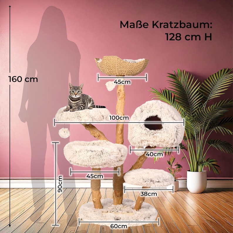 Árbol para gatos "Cozy Chalet" de Catclusive®: árbol para gatos de diseño de 128 cm de altura, hecho de madera auténtica. Cada árbol es único. Con sisal, tamaño mediano y beige. imagen 5