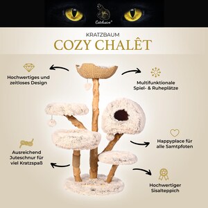 Puede incluir: Un &aacute;rbol para gatos de varios niveles con el texto "COZY CHAL&Ecirc;T". Cuenta con m&uacute;ltiples plataformas, una cueva y un rascador de sisal. El dise&ntilde;o incluye una cesta tejida y superficies de felpa color crema.