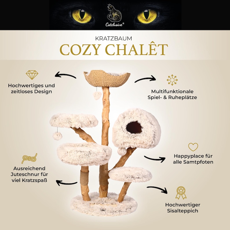 Puede incluir: Un &aacute;rbol para gatos de varios niveles con el texto "COZY CHAL&Ecirc;T". Cuenta con m&uacute;ltiples plataformas, una cueva y un rascador de sisal. El dise&ntilde;o incluye una cesta tejida y superficies de felpa color crema.