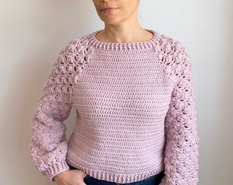 Crochet Pattern Charlotte sweater, women raglan pullover, top down top, tee, clothing photo tutorial, Instant download