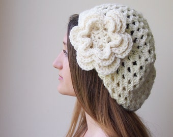 Crochet PATTERN, woman slouchy hat,  granny hat, woman beret, flower hat, women hat with flower, DIY tutorial, PDF