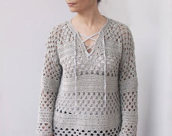 Crochet Pattern lace up granny stripes women sweater, blocks pullover, beach cover up,  winter clothing DIY photo tutorial, Instant download