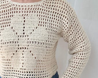 Crochet Pattern Flower sweater, women pullover, crochet filet top, DIY beginner photo tutorial, PDF Instant download