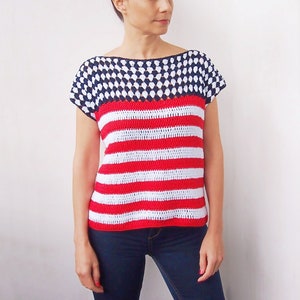 Crochet Pattern Stripe sweater, spring summer women pullover, USA American flag, tee top, clothing,  photo tutorial, Instant download