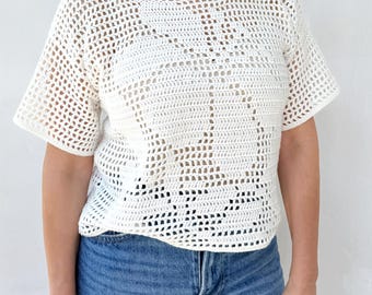 Estepona Sweater Crochet Pattern | Breezy Filet Lace Short Sleeve Pullover | Summer Mesh Top PDF | DIY Floral Tutorial | Sizes S-3X