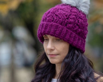 Crochet pattern Cables & Bobbles beanie with pompon, women hat , PDF, Instant download