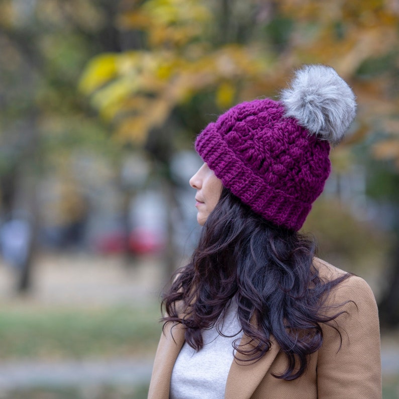 Crochet pattern Cables & Bobbles beanie with pompon, women hat , PDF, Instant download image 4