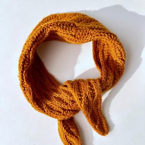 May include: Mustard yellow knitted scarf with a textured pattern. The scarf is tied in a knot, with the ends hanging down. The scarf is made of a soft, warm material, perfect for cold weather. The scarf is a versatile accessory.
