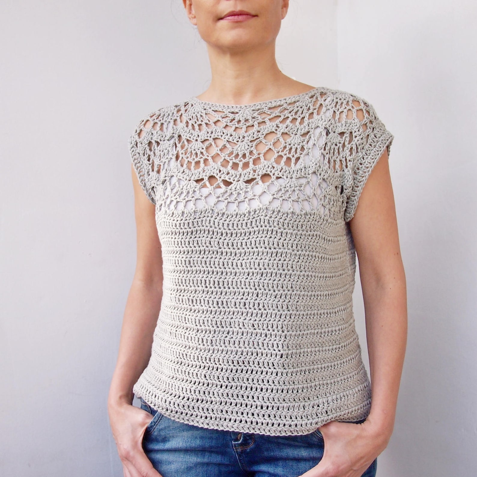 Pearl Shore Beaded Crochet Top - Blue