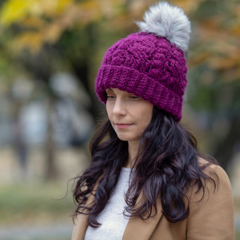 Crochet pattern Cables & Bobbles beanie with pompon, women hat , PDF, Instant download image 1