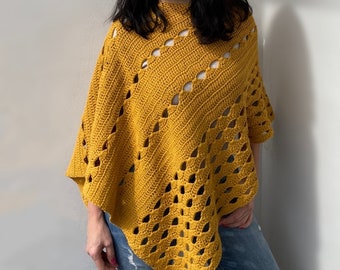 Crochet Pattern Bergamo poncho, woman sweater, pullover, women clothing, Instant download PDF