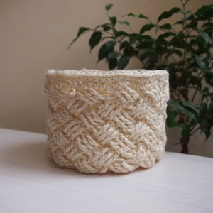 May include: A crocheted basket with a woven pattern in a cream color.