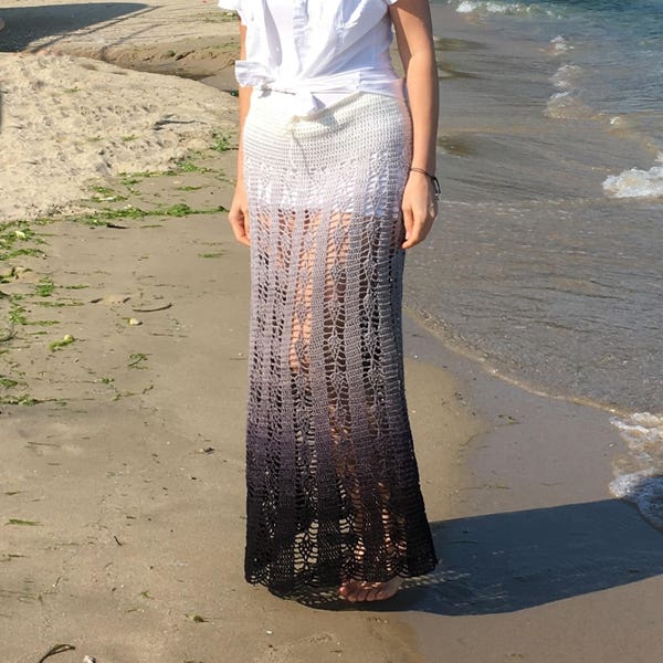 Crochet Pattern "Like a mermaid", pineapple stripes women maxi skirt, beach wedding cover up, clothing  DIY photo tutorial, Instant download