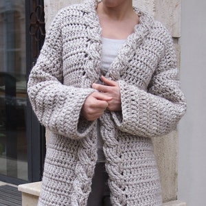 Crochet Pattern cable women cardigan, bulky coat ,  Very Winter sweater, clothing, Instant download