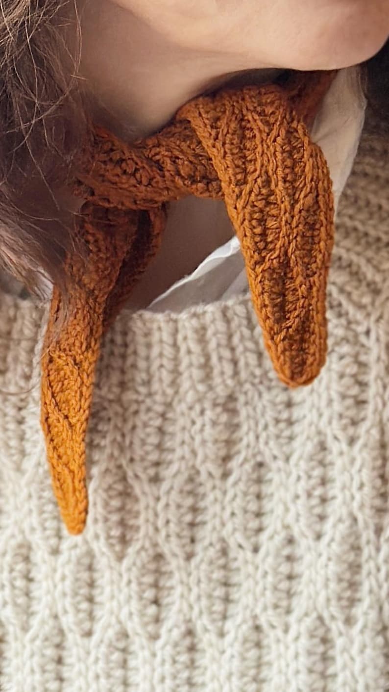 May include: Close-up of a knitted scarf in a warm, burnt orange colour. The scarf is wrapped around a person's neck, with the ends hanging down. The background includes a cream-coloured, textured knit sweater.