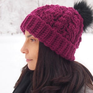 Crochet pattern Cables & Bobbles beanie with pompon, women hat , PDF, Instant download image 3