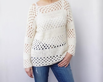 Crochet Pattern granny stripes women sweater summer, cluster blocks pullover,  beach cover up,  clothing photo tutorial, Instant download
