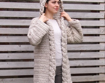 Crochet Pattern hooded cable women sweater braided cardigan, bulky coat with hood , "Very Winter ", clothing, Instant download