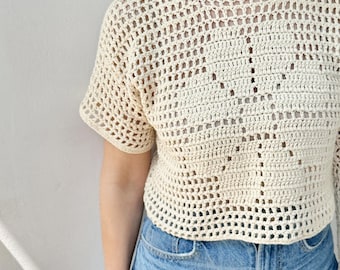 Crochet Pattern Flower sweater, women pullover, crochet filet top, T-shirt, DIY beginner photo tutorial, PDF Instant download