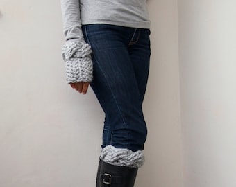 Crochet PDF pattern, set of fingerless cable wrist mittens and boot cuffs, chunky arm warmers and short boot sock