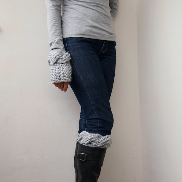 Crochet PDF pattern, set of fingerless cable wrist mittens and boot cuffs, chunky arm warmers and short boot sock