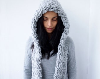 Crochet Pattern hooded scarf cowl cable pixie hood bulky woman, DIY photo tutorial, Instant download