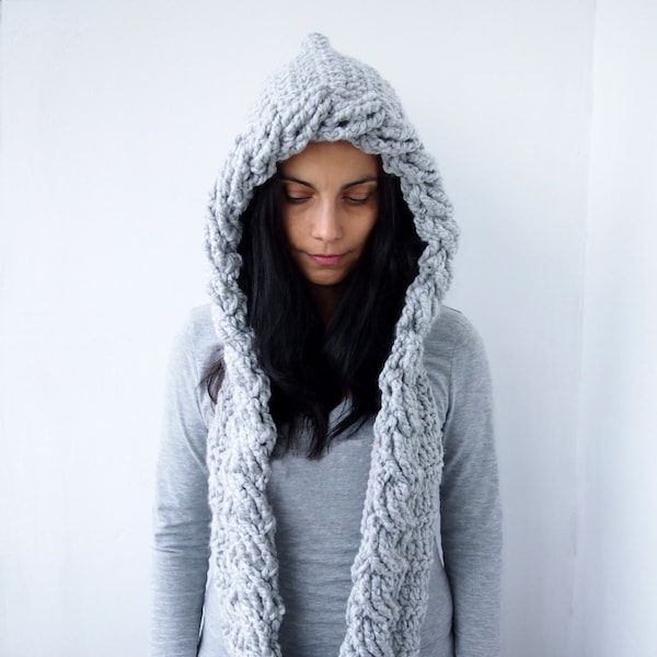 Crochet Pattern hooded scarf cowl cable pixie hood bulky woman, DIY photo tutorial, Instant download