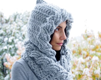 Crochet Pattern hooded  cowl cable pixie hood  women bulky wrap loop scarf, braided, winter, DIY tutorial, Instant download