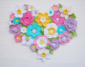 Crochet pattern Flower Heart wall home decor, Spring, Easter, Valentine's day home decoration, 7 crochet ornaments,  DIY photo tutorial